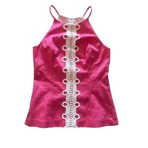 Lilly Pulitzer Annabelle Halter Top Pink Cotton Pique Lace Trim Womens Size 4